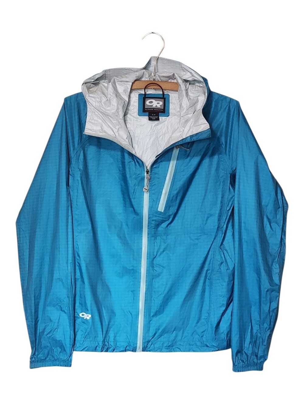 Outdoor Research Pertex Shield Blue Packable Hooded Windbreaker Small Petite